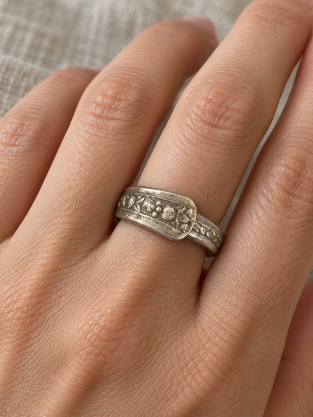 Vintage Silver Tone Floral Spoon Ring Size 7.5 Upcycled Flatware Boho